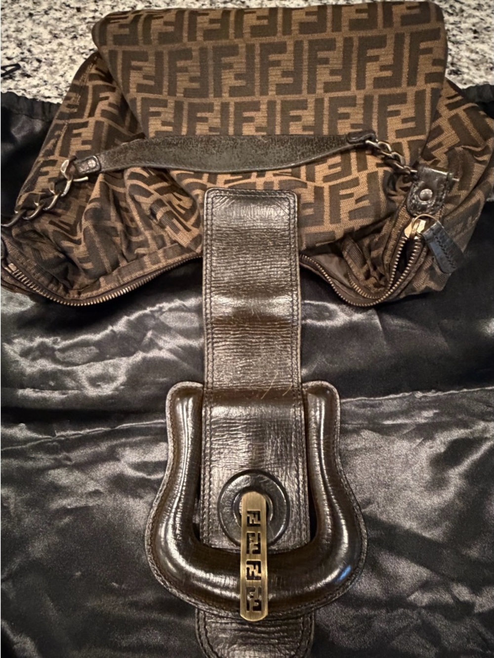 Vintage Fendi Brown FF Zucca Canvas Shoulder Bag with Leather Trim - Picture 7 of 8